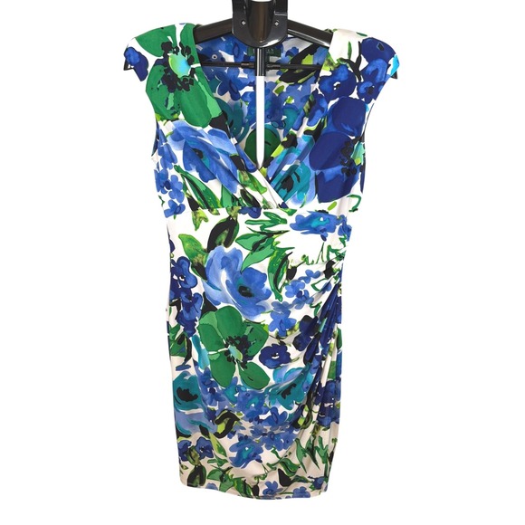 Lauren Ralph Lauren Dresses & Skirts - Lauren Ralph Lauren Blue Green Floral Ruched Sheath Dress V-Neck Womens 8